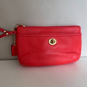 Coach Campbell Coral Red Leather Turnlock Wristlet with Hangtag